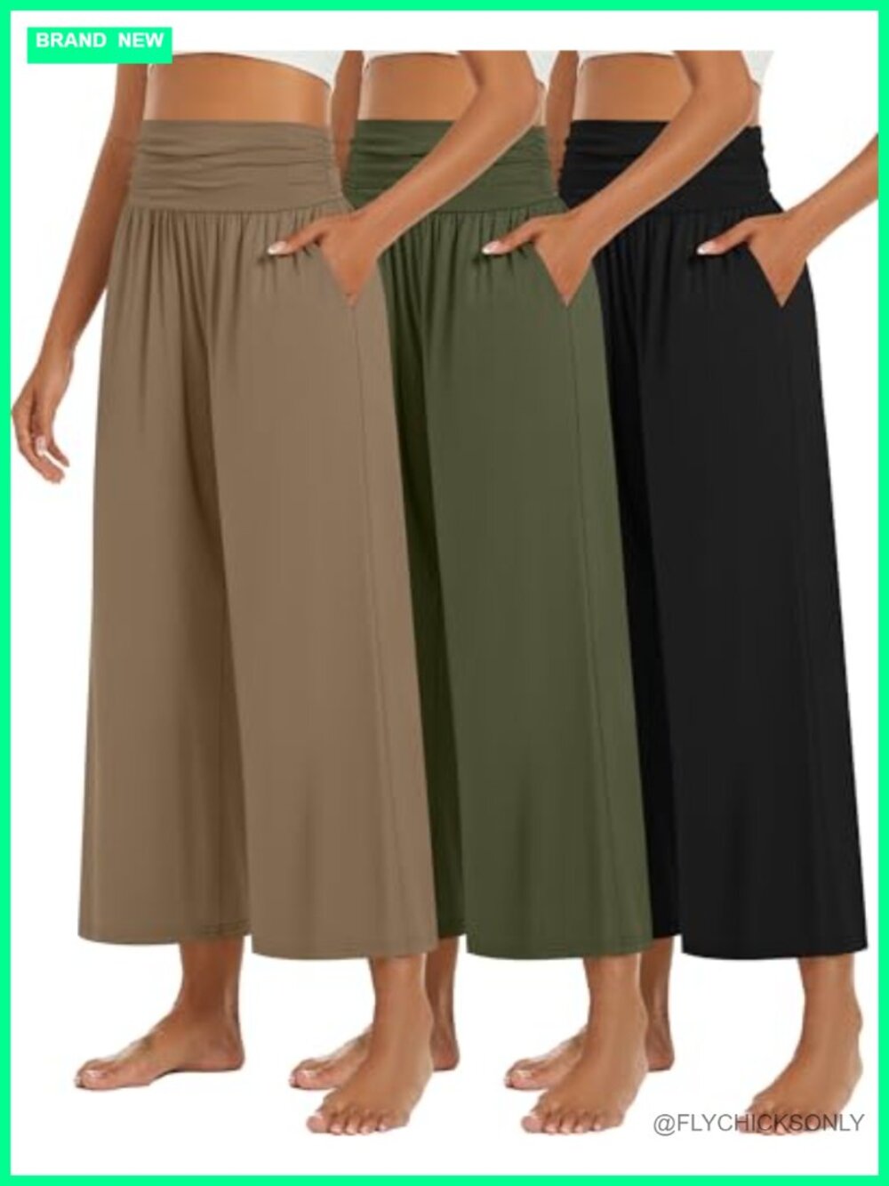 Wide Leg Capri Pants High Waisted Pleated Pull On Yoga Lounge
